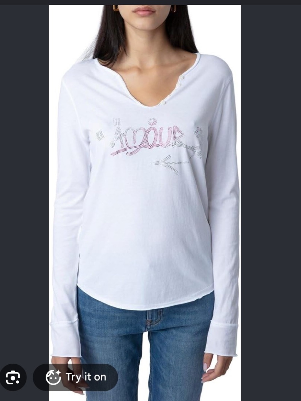 Zadig & Voltaire White Long-Sleeve Rhinestone 'Amour' Tee M
